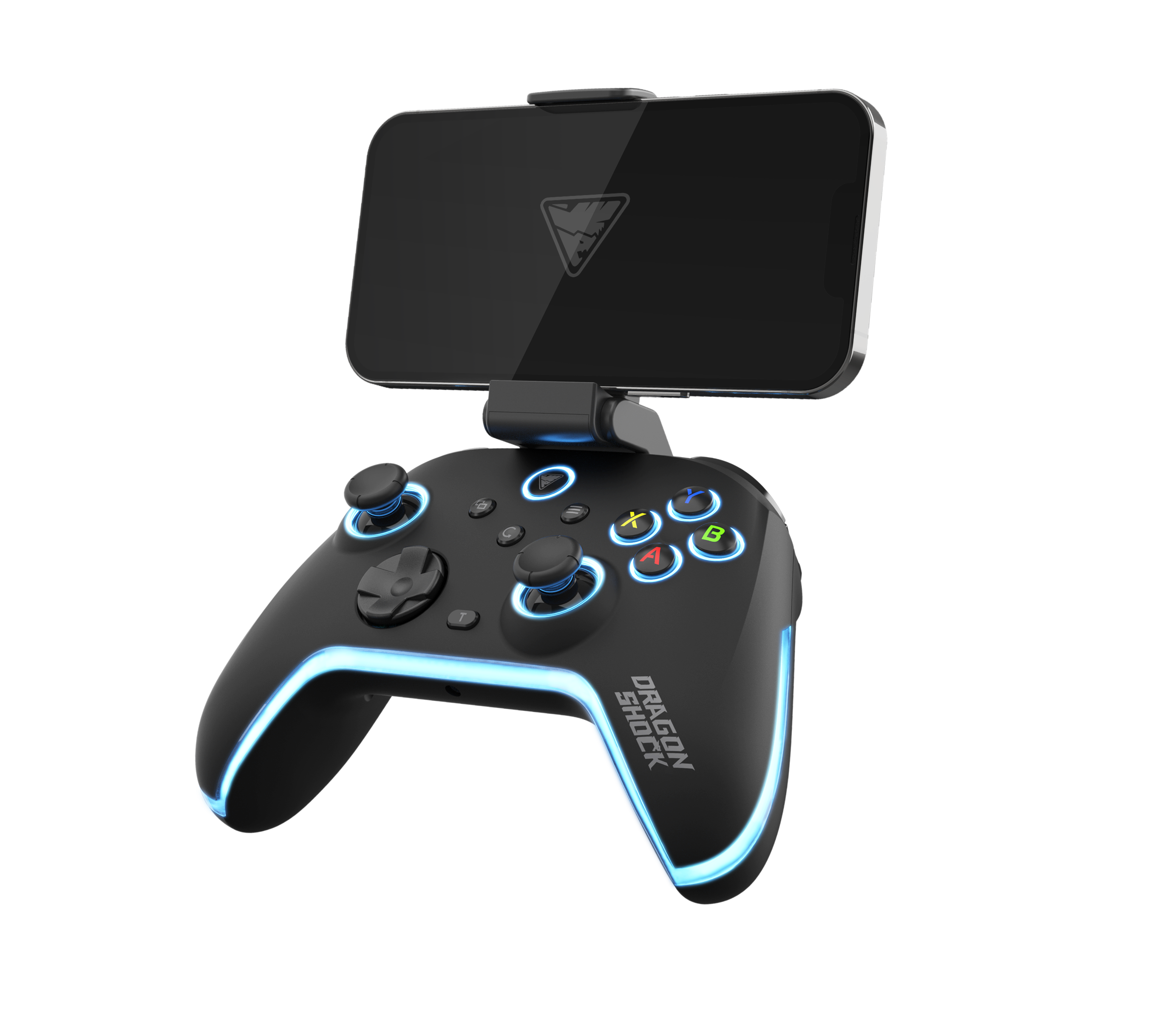 Picture showing the DragonShock Aurora plus from the front side with a phone on the support