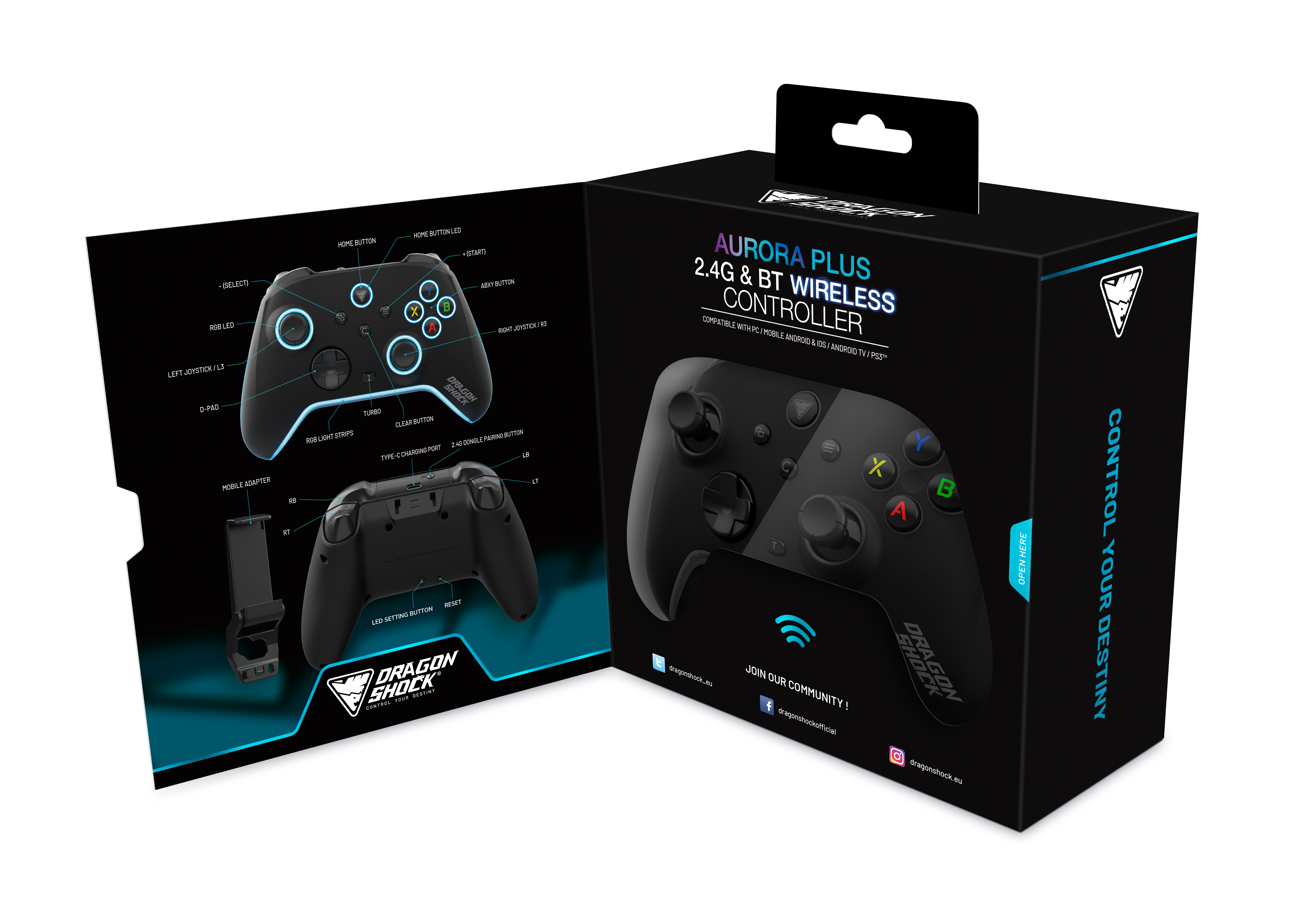 Picture showing the opened packaging of the DragonShock Aurora plus from the front