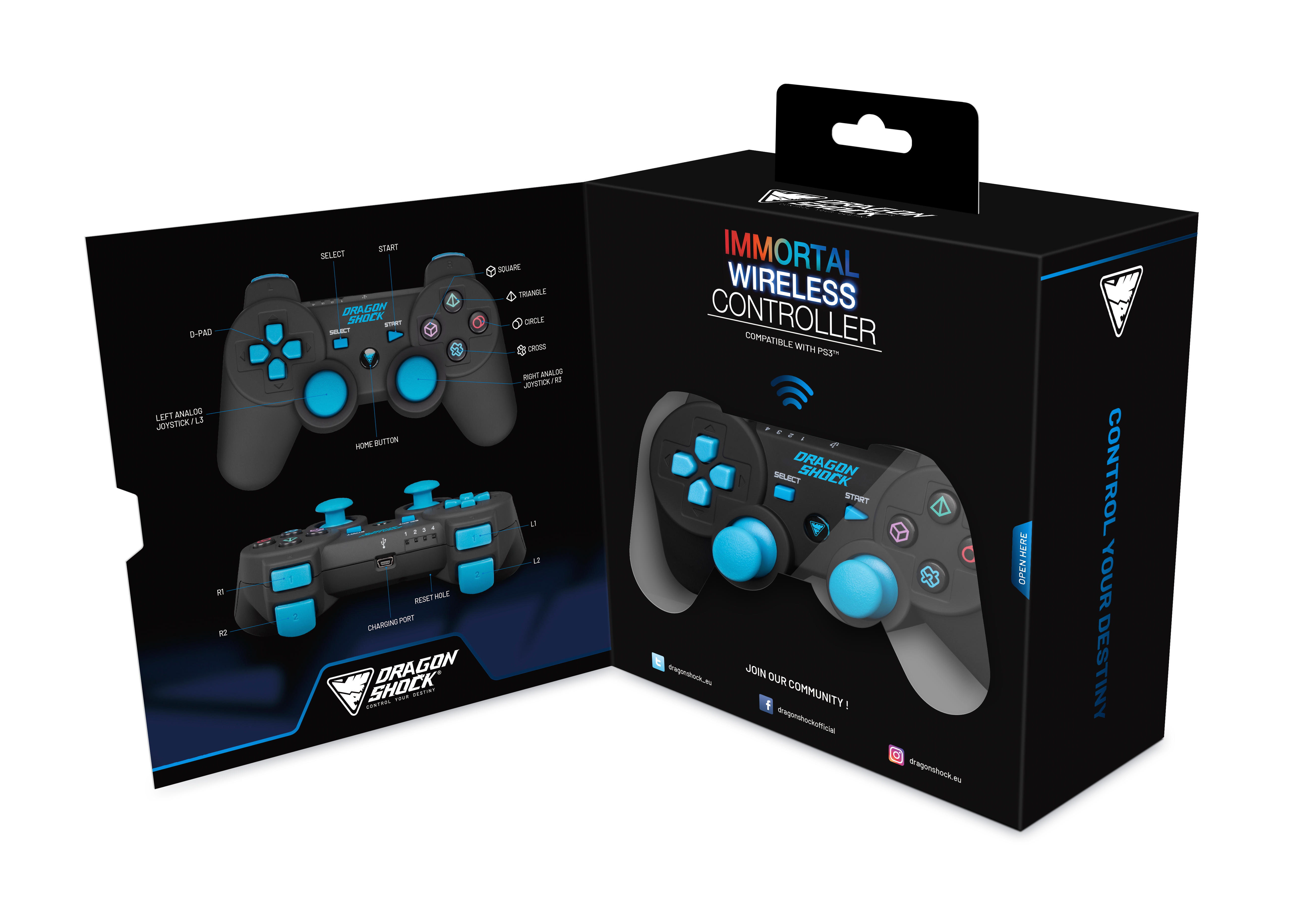 Picture showing the opened packaging of the DragonShock immortal black from the front