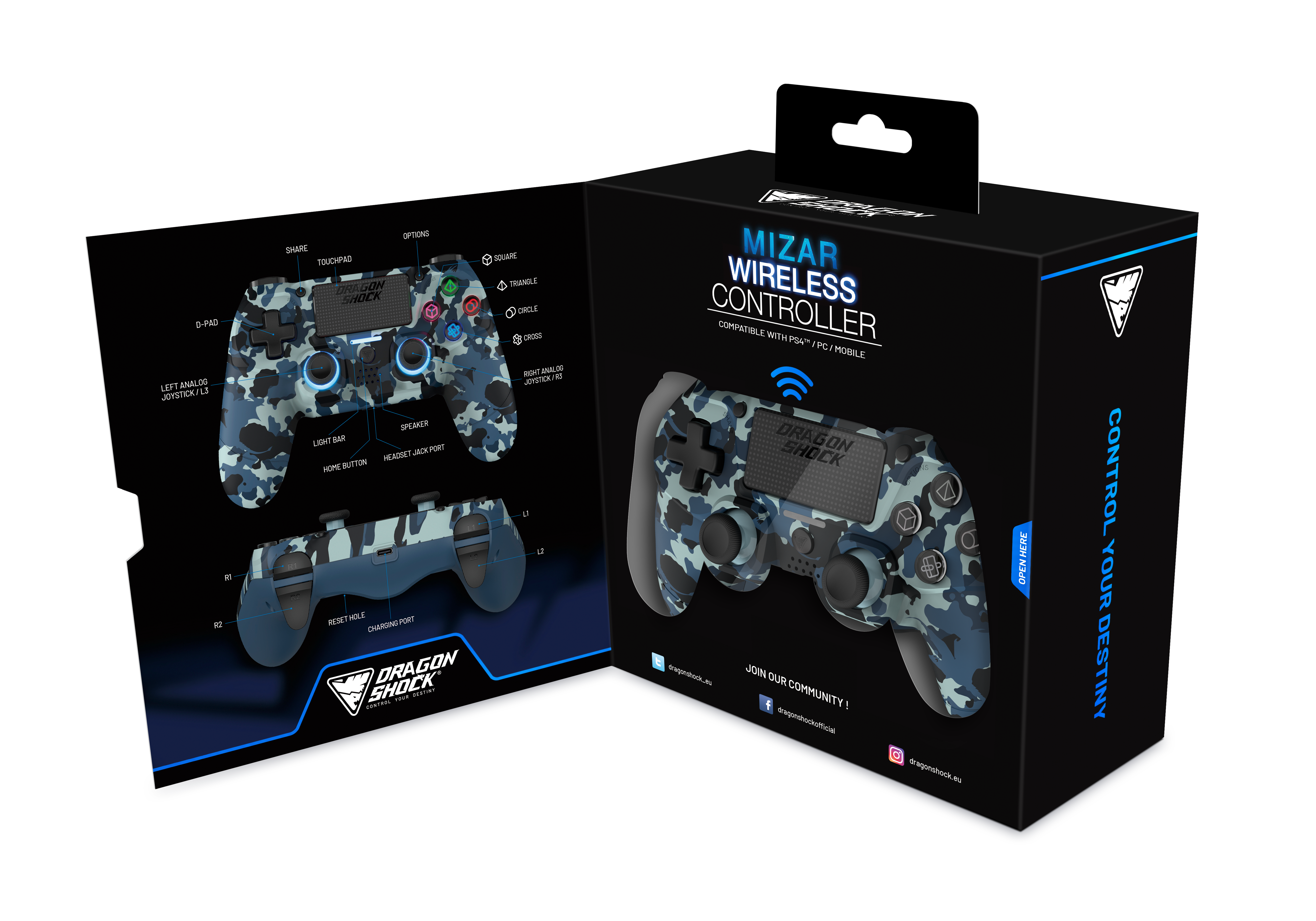 Picture showing the opened packaging of the DragonShock Mizar blue camo from the front