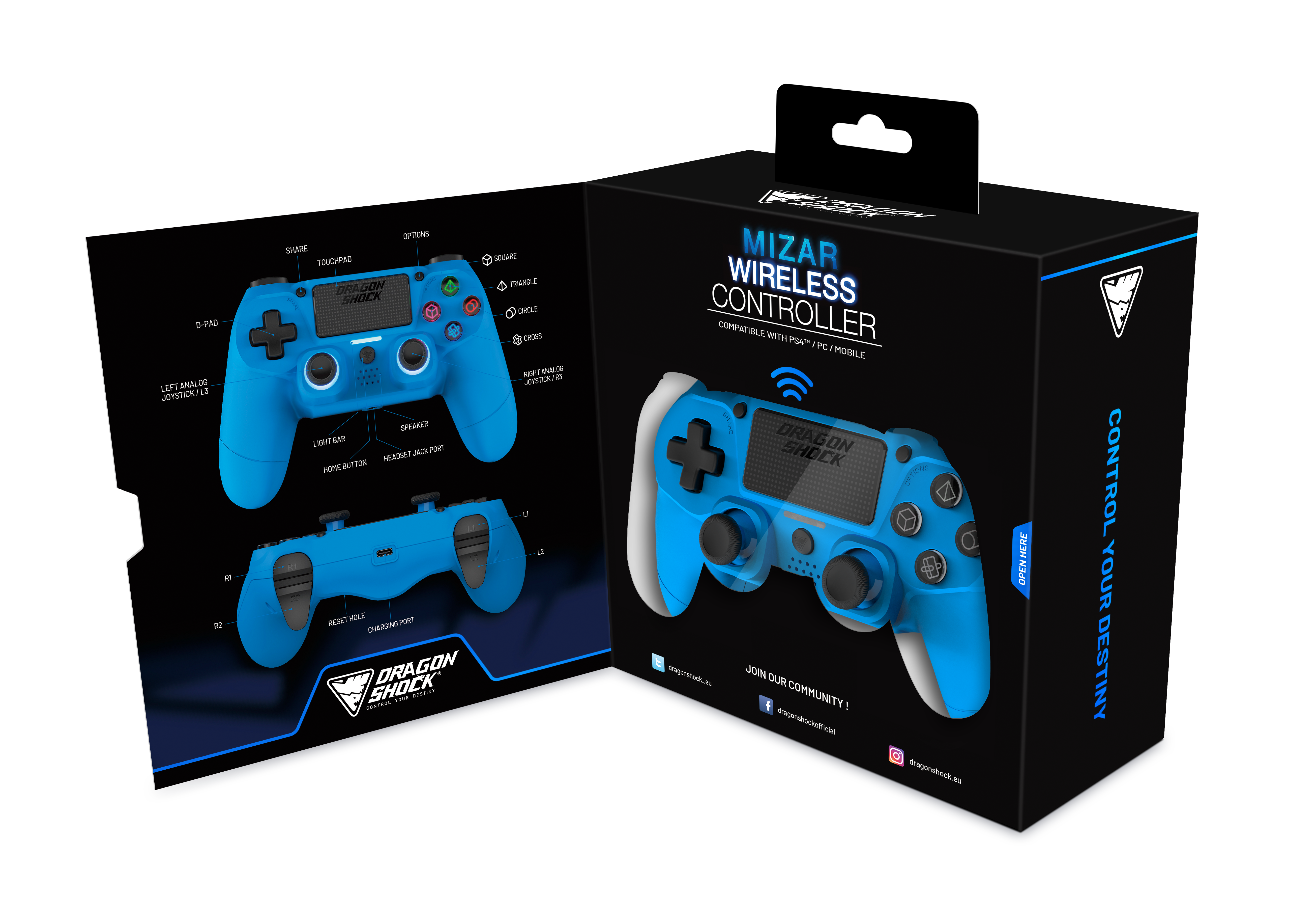 Picture showing the opened packaging of the DragonShock Mizar blue from the front