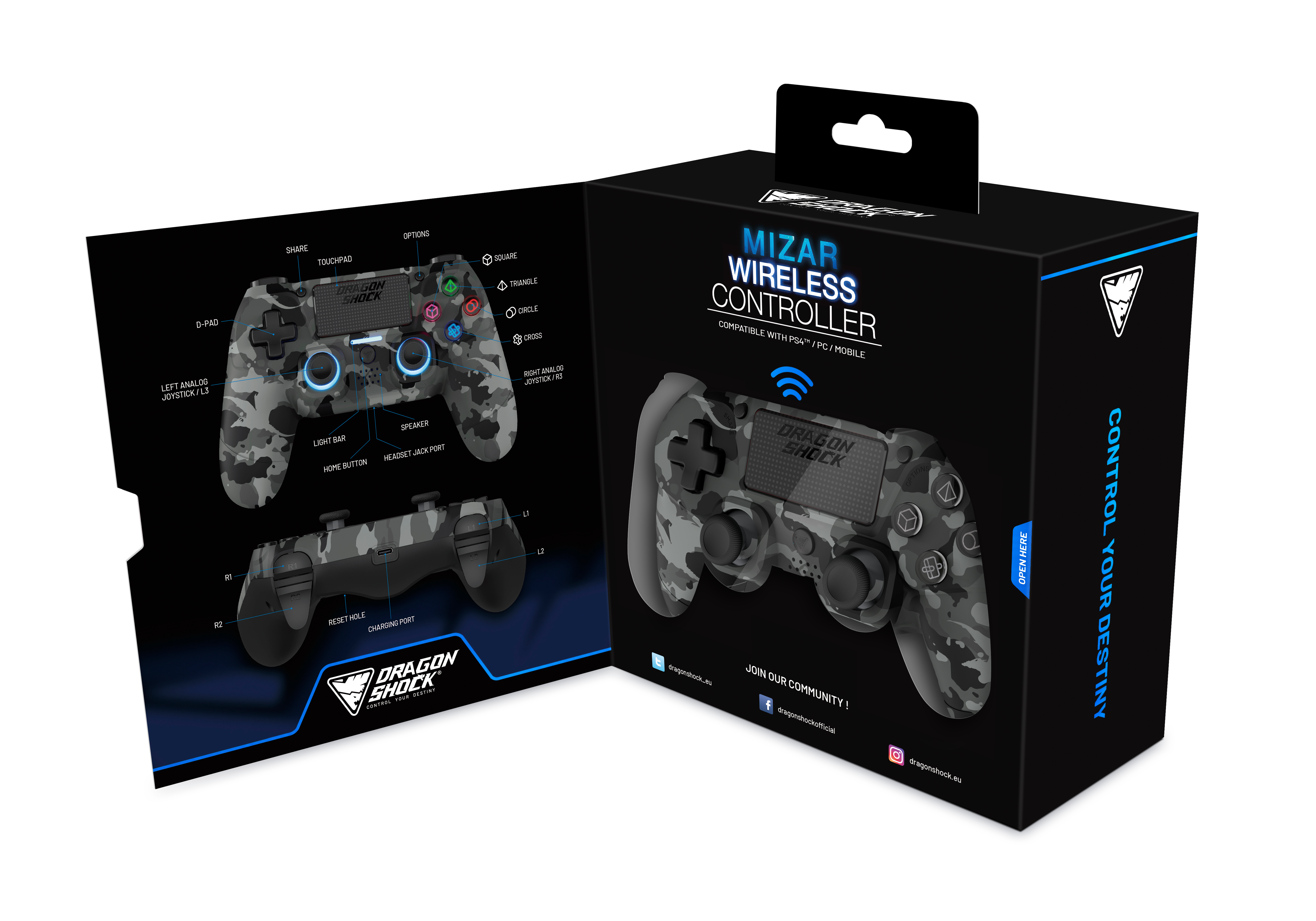 Picture showing the opened packaging of the DragonShock Mizar grey camo from the front