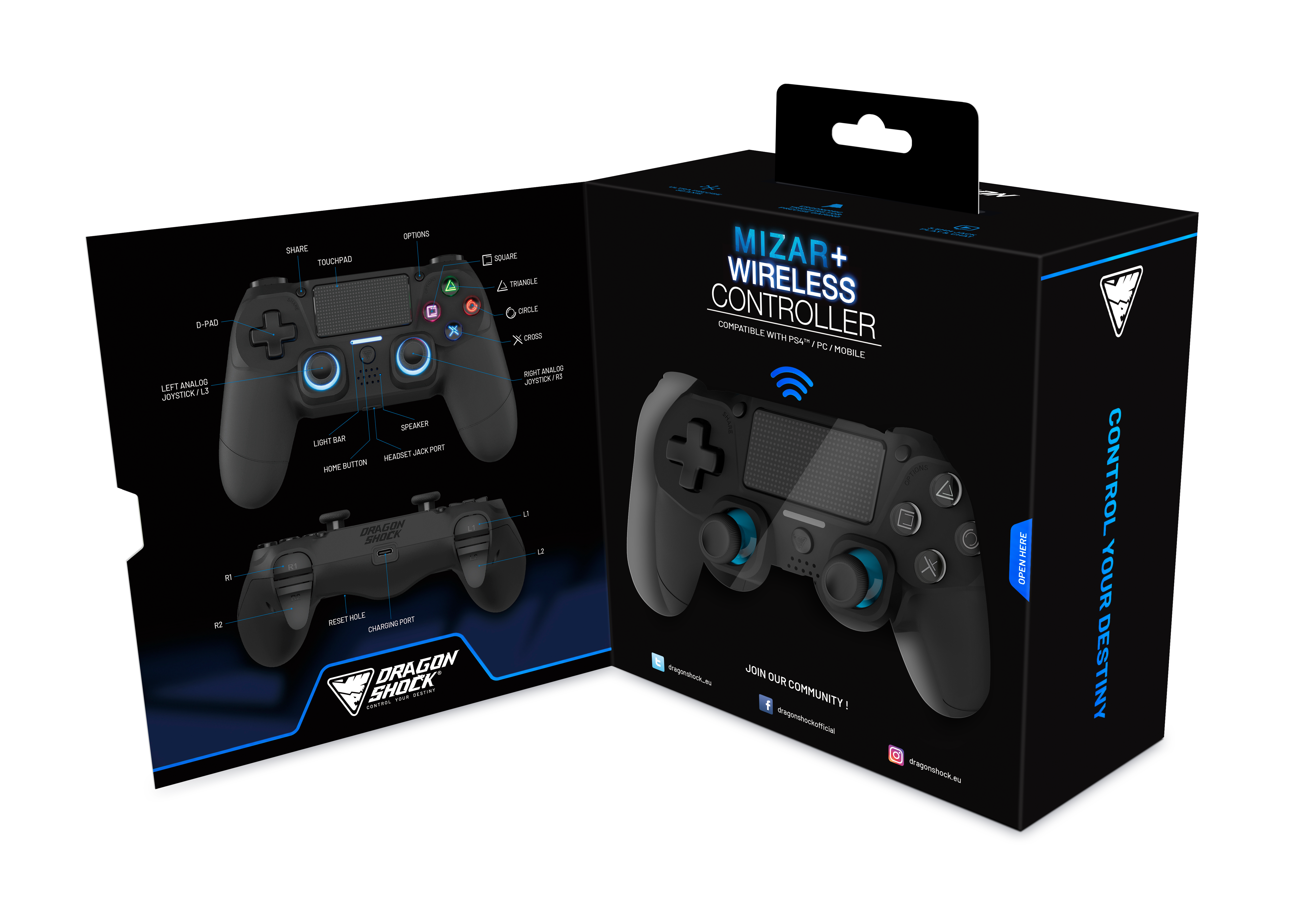 Picture showing the opened packaging of the DragonShock Mizar + black from the front