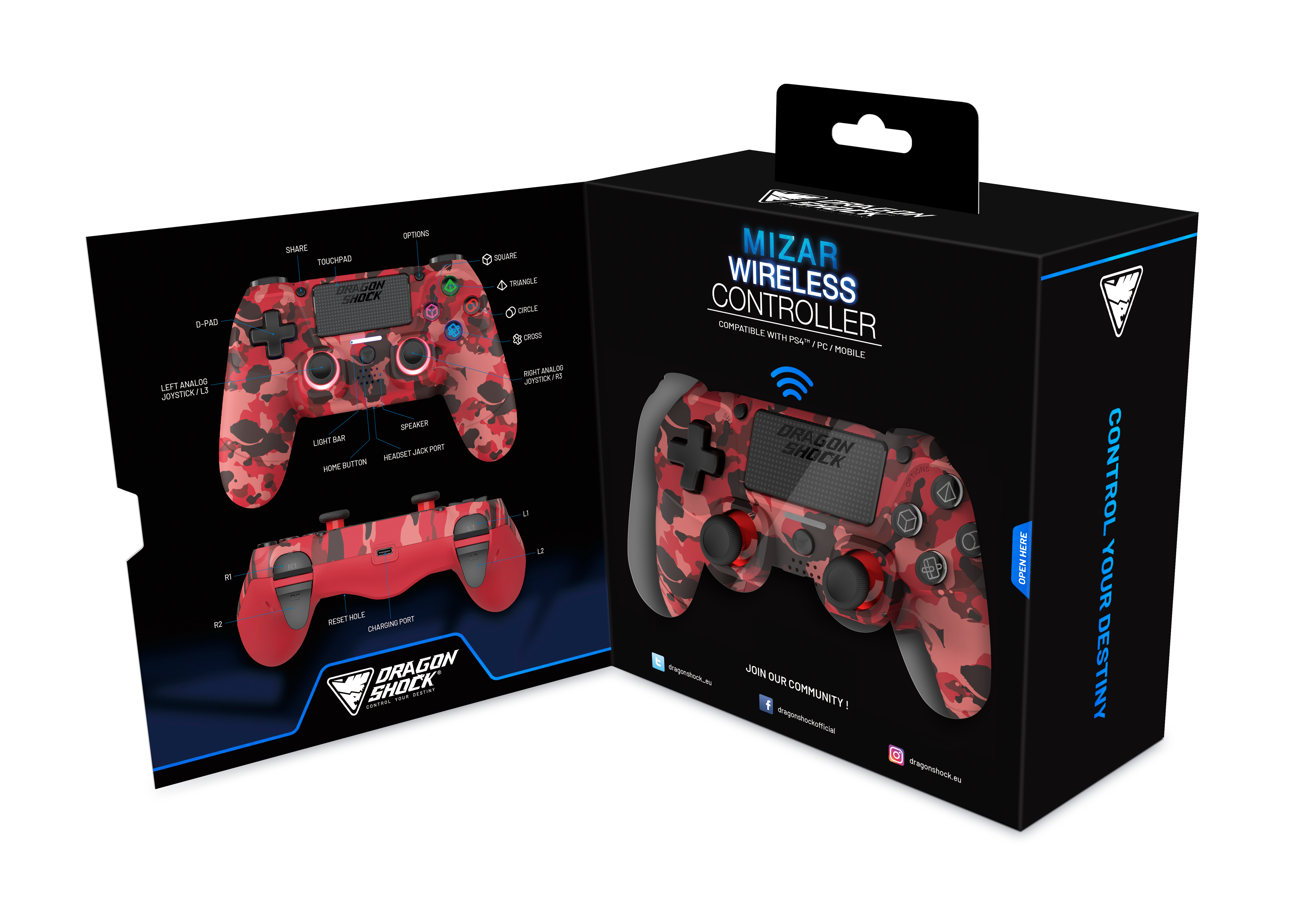 Picture showing the opened packaging of the DragonShock Mizar red camo from the front