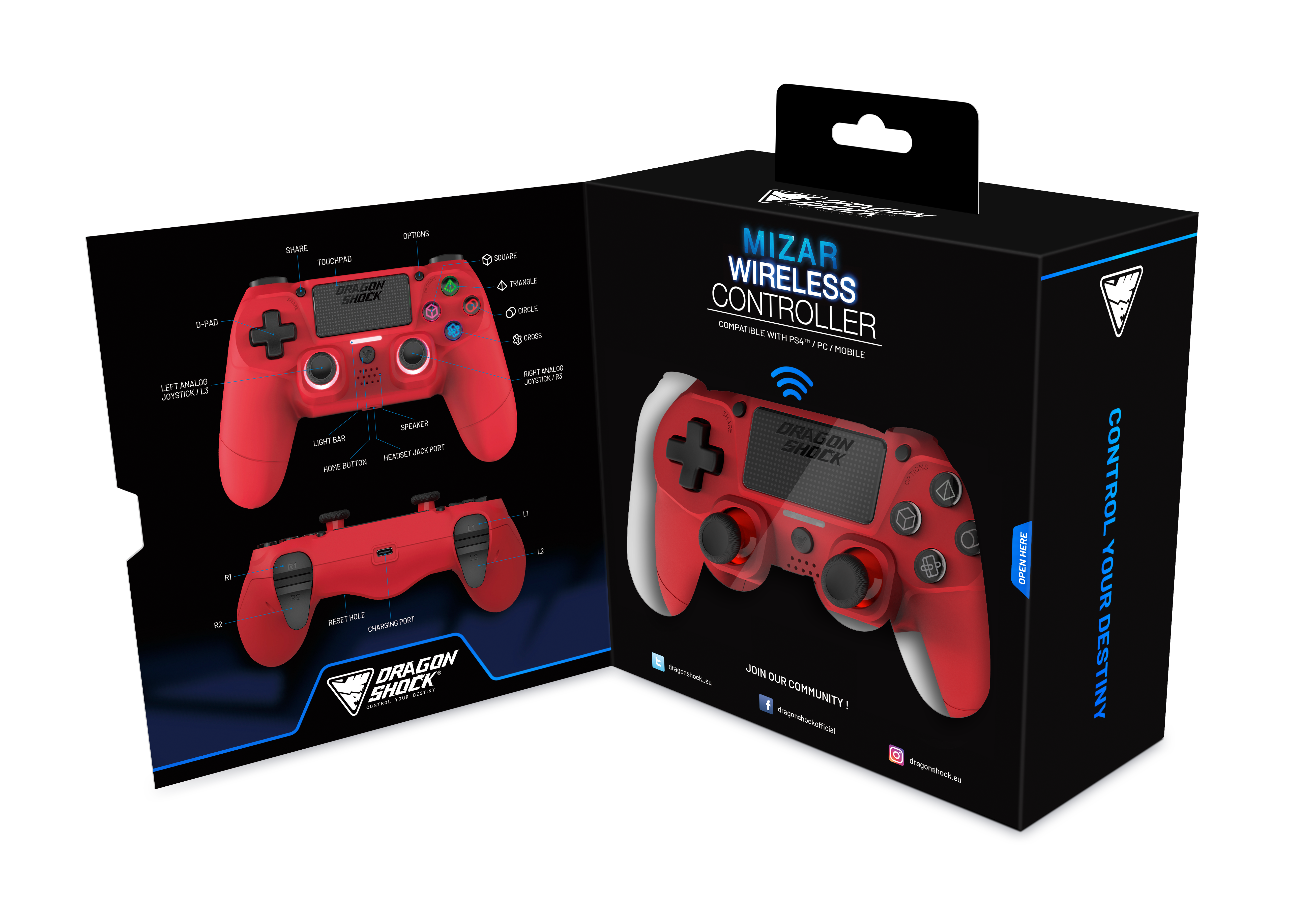 Picture showing the opened packaging of the DragonShock Mizar red from the front