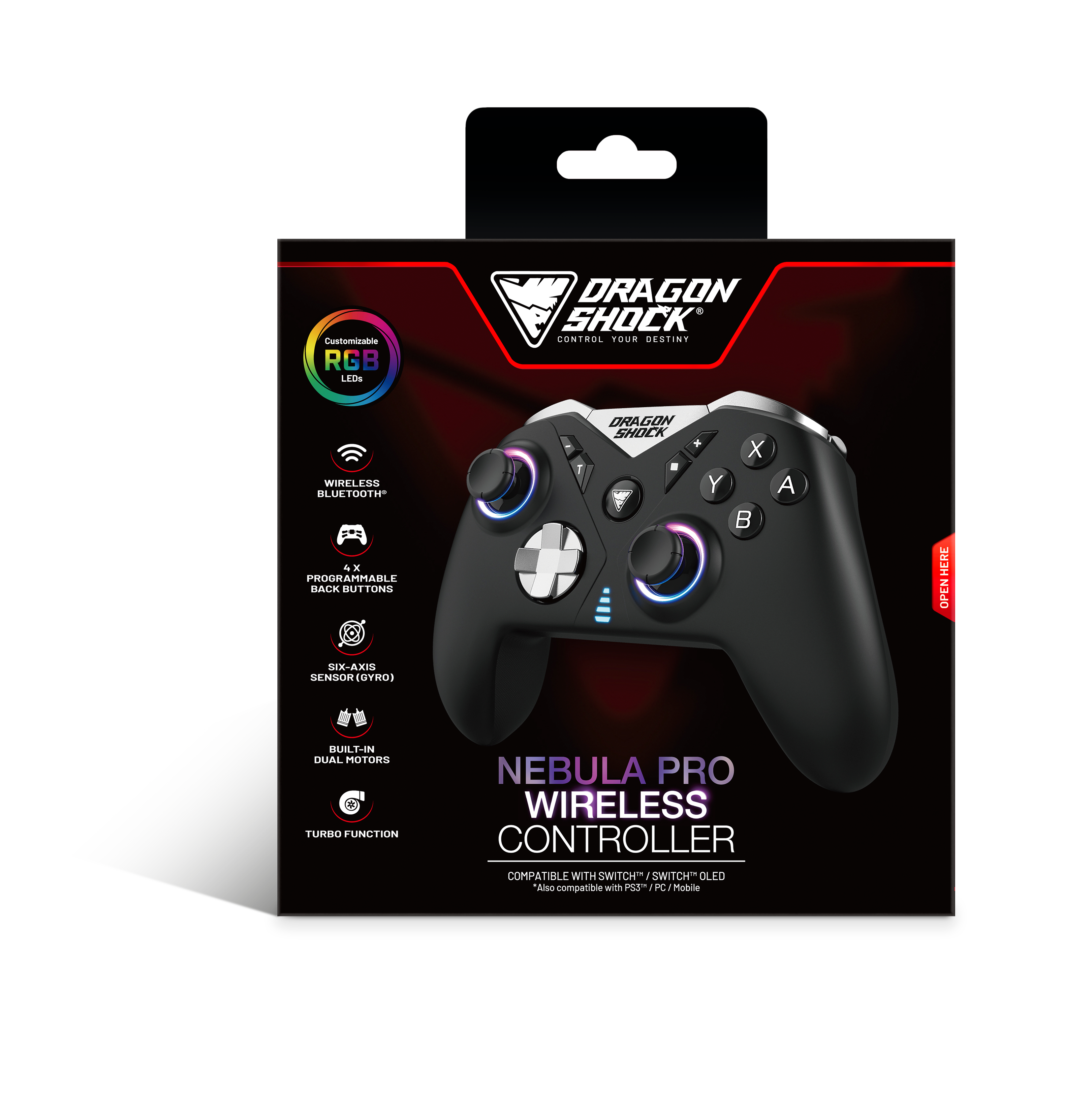 Picture showing the packaging of the DragonShock Nebula pro black from the front