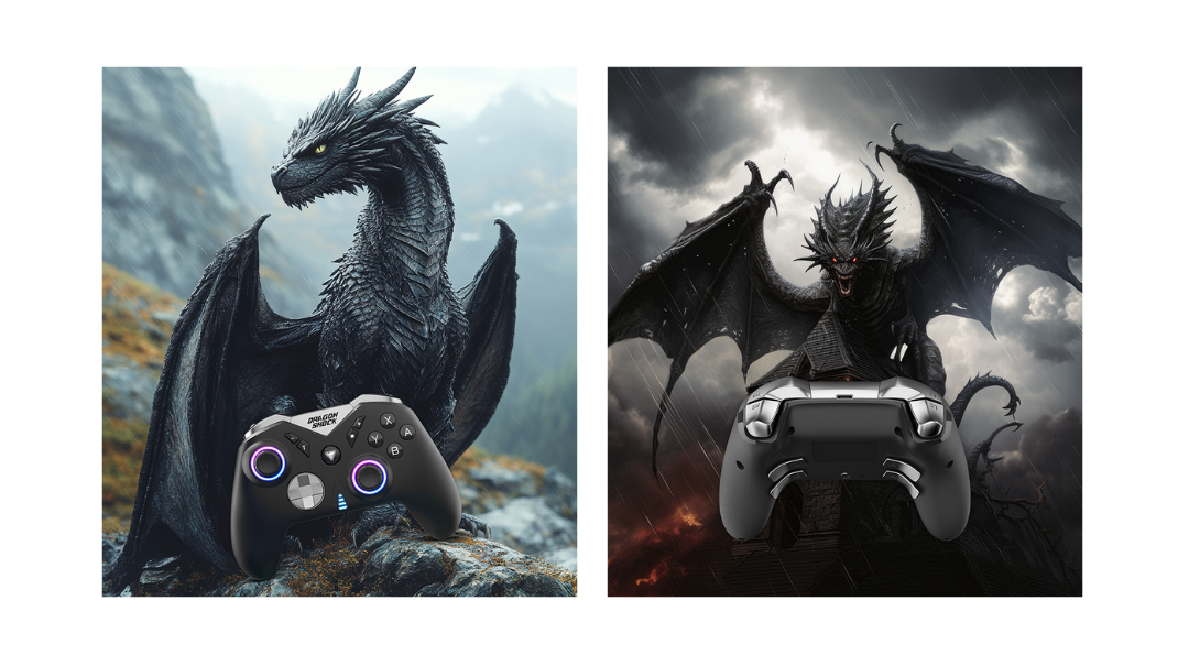 Collage with two images of DragonShock nebula pro black in front of a background with a black dragon. One in front of a dragon in the mountains and the other in front of a dragon in the underworld.