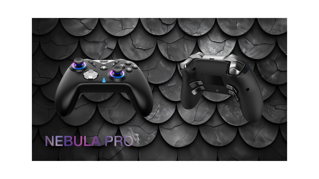 Image of two DragonShock nebula pro black in front of a dragon skin background. One is from the front and the other from the back.