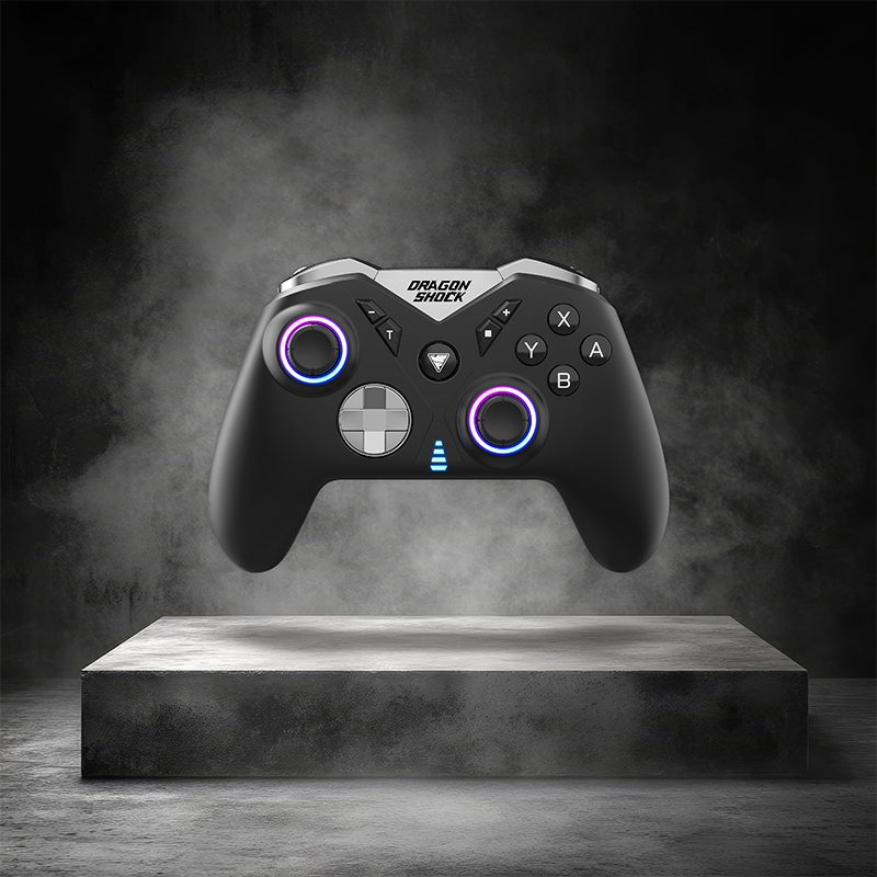 Image of a DragonShock nebula pro black in front of a background with smoke