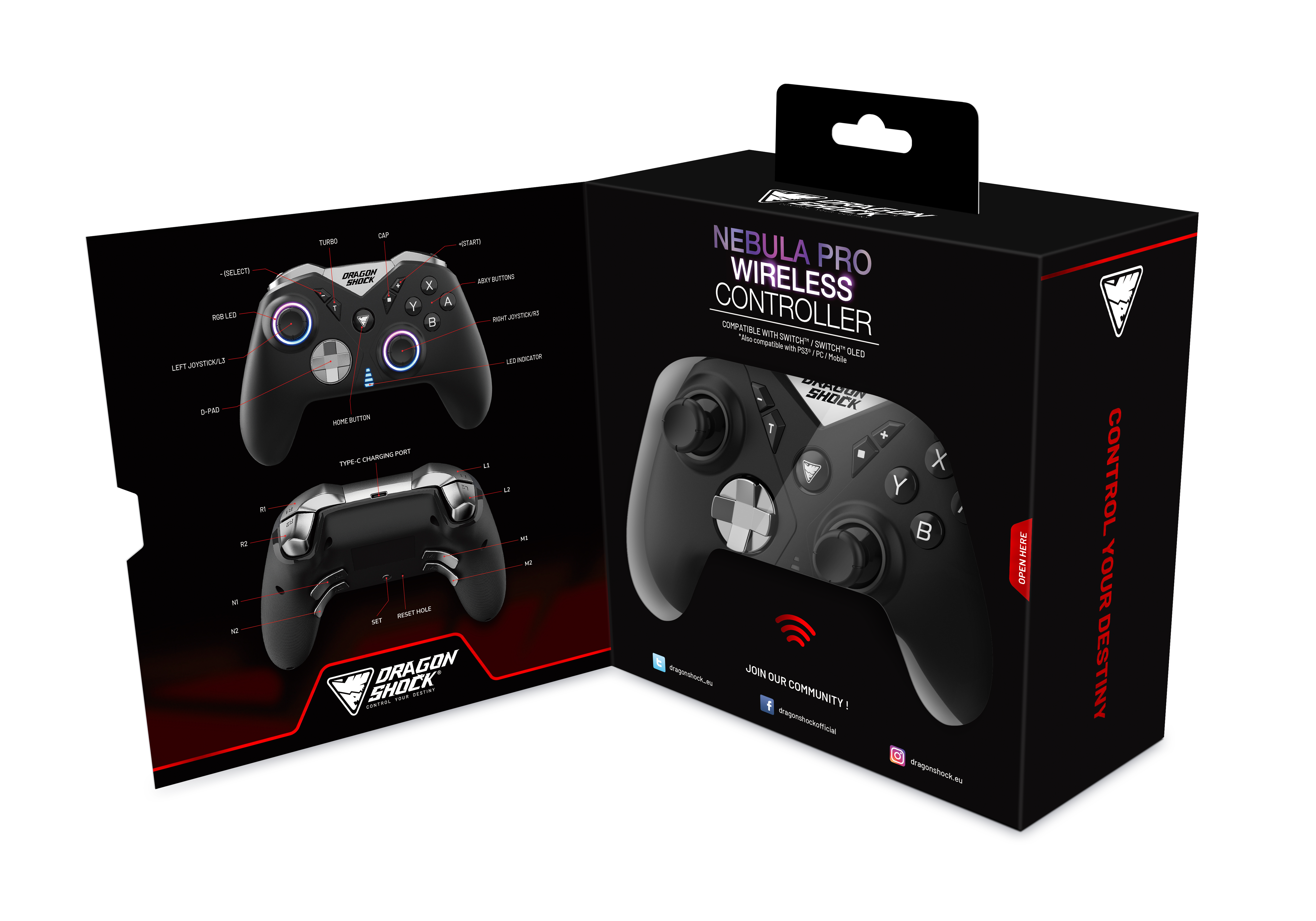 Picture showing the opened packaging of the DragonShock Nebula pro black from the front