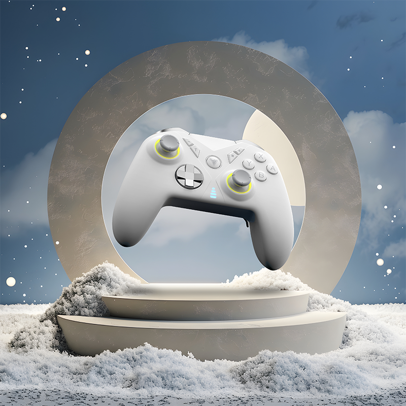 Image of a DragonShock nebula pro white controller with a starry sky in the background