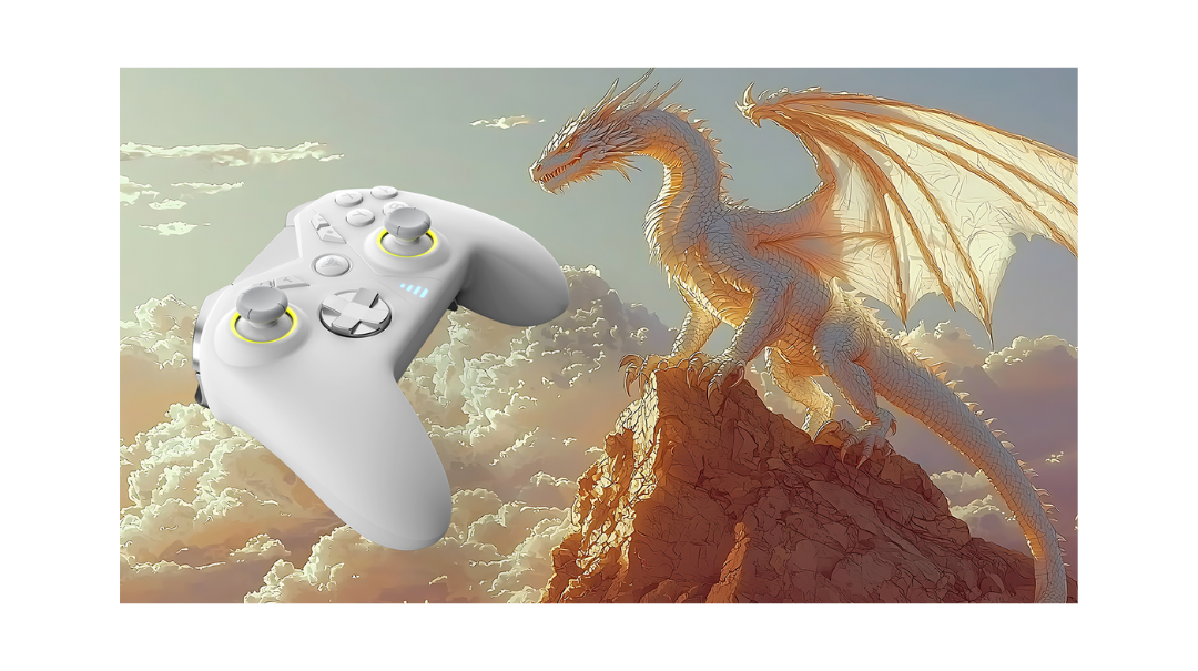 Image of a DragonShock nebula pro white controller with a white dragon on top of a mountain above the clouds.