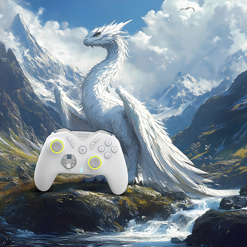 Image of a DragonShock nebula pro white controller with a white dragon in the valley of a mountain in the background