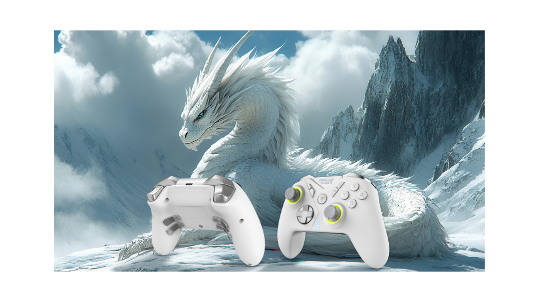 Image of a DragonShock nebula pro white controller with a white dragon lying in the snowy mountain in the background