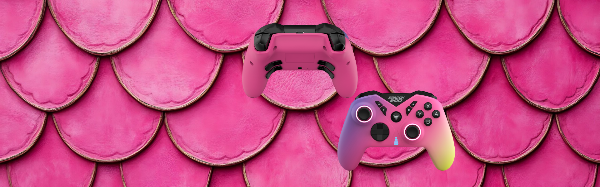 Image of the nebula ultimate candy seen from the front and back on a pink dragon scale background