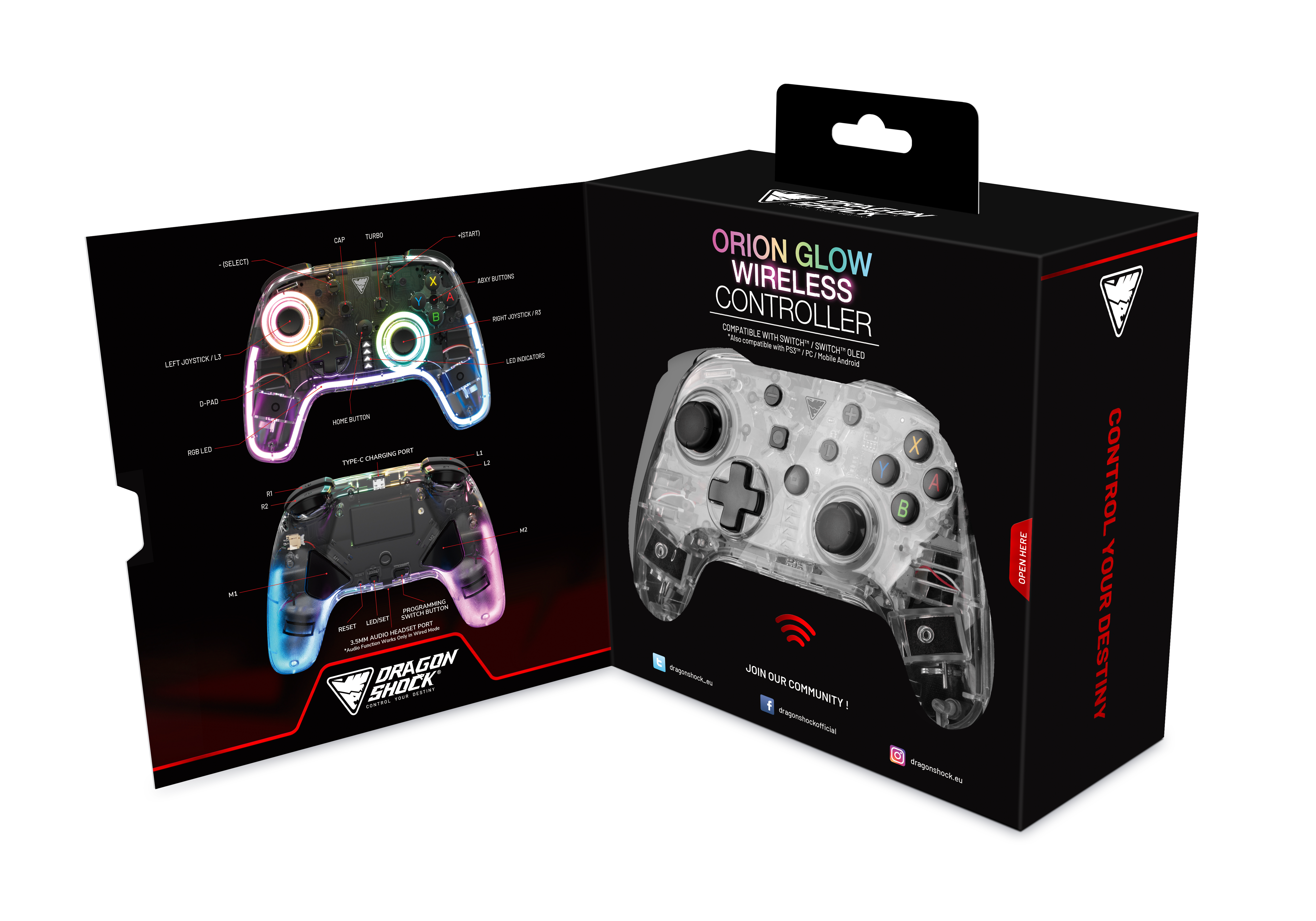 Picture showing the opened packaging of the DragonShock Orion Glow from the front