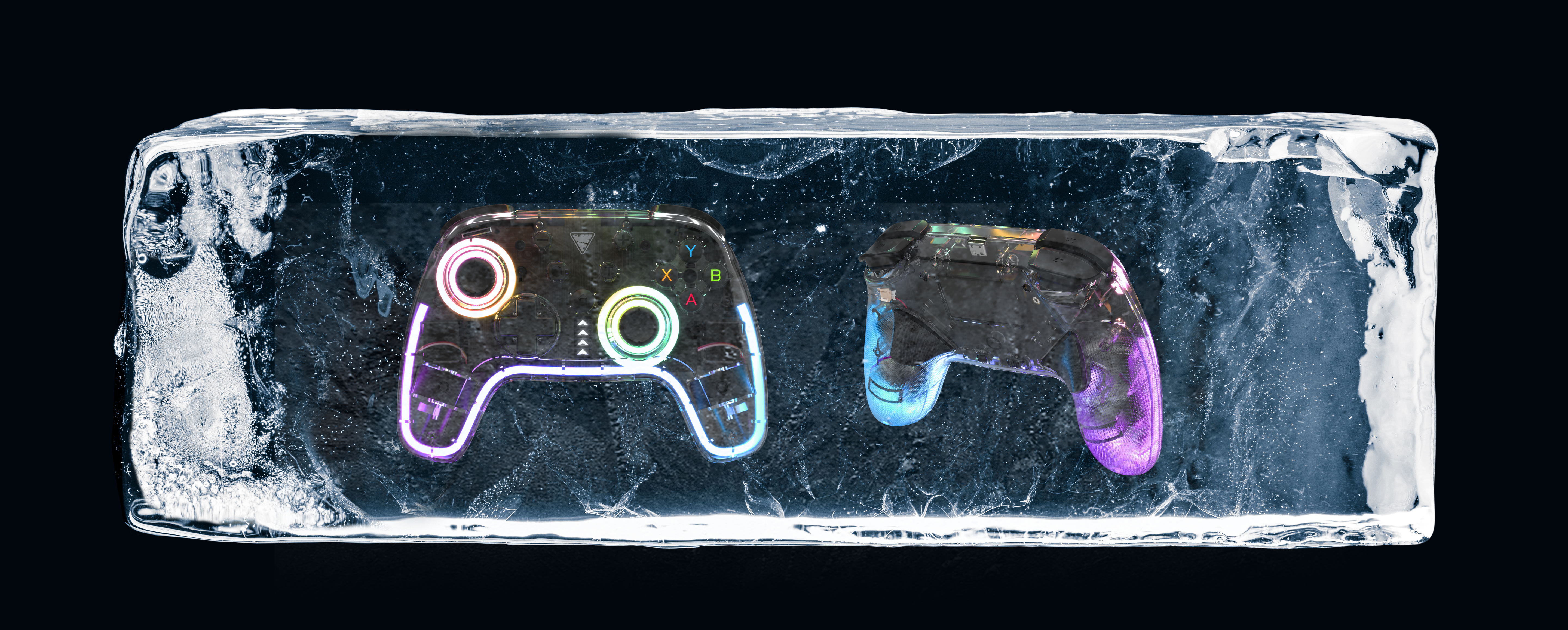 image showing two DragonShock orion glows trapped in a block of ice. One is from the front and the other from the back.