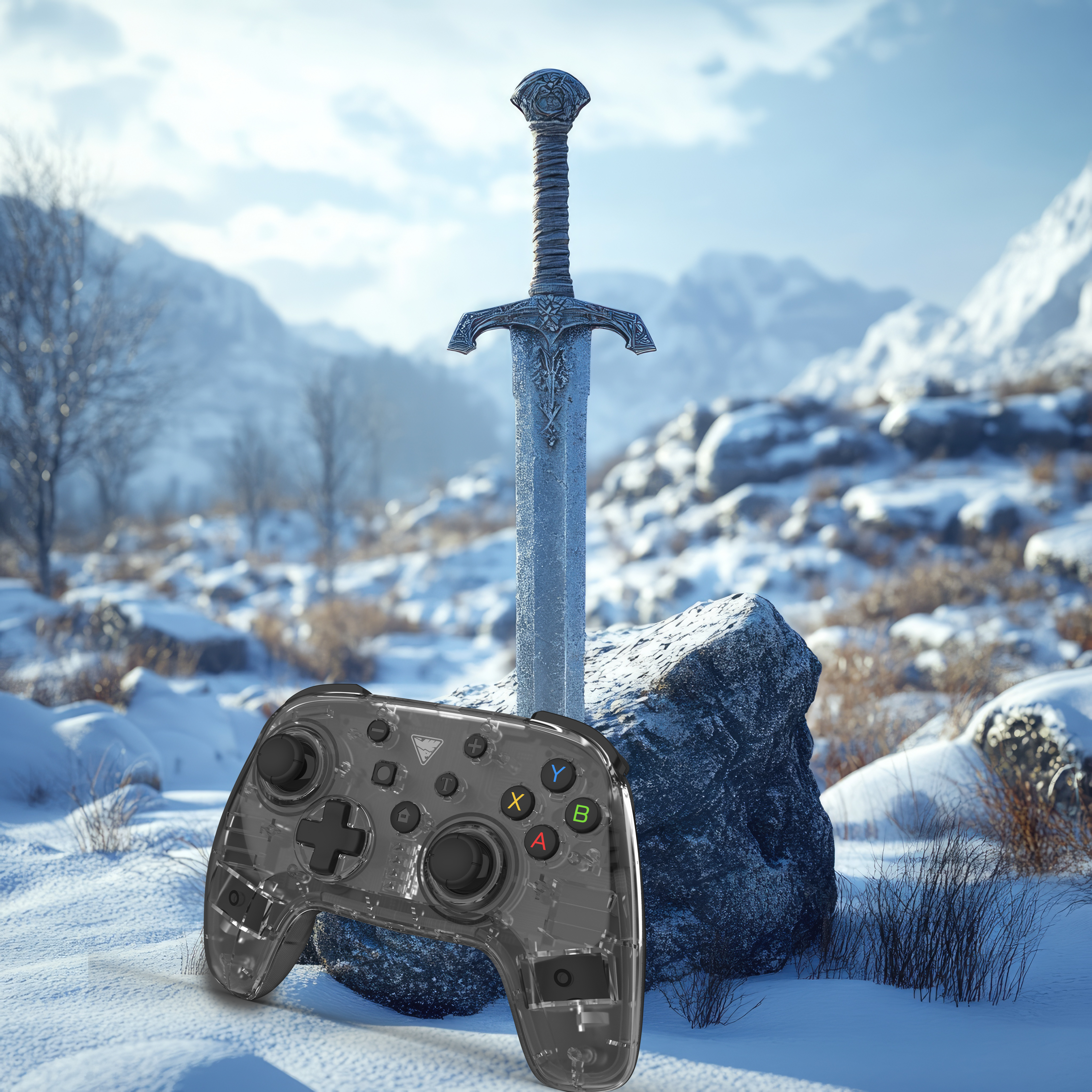 image showing a DragonShock orion glowing in the snow in front of a rock with a sword stuck in it