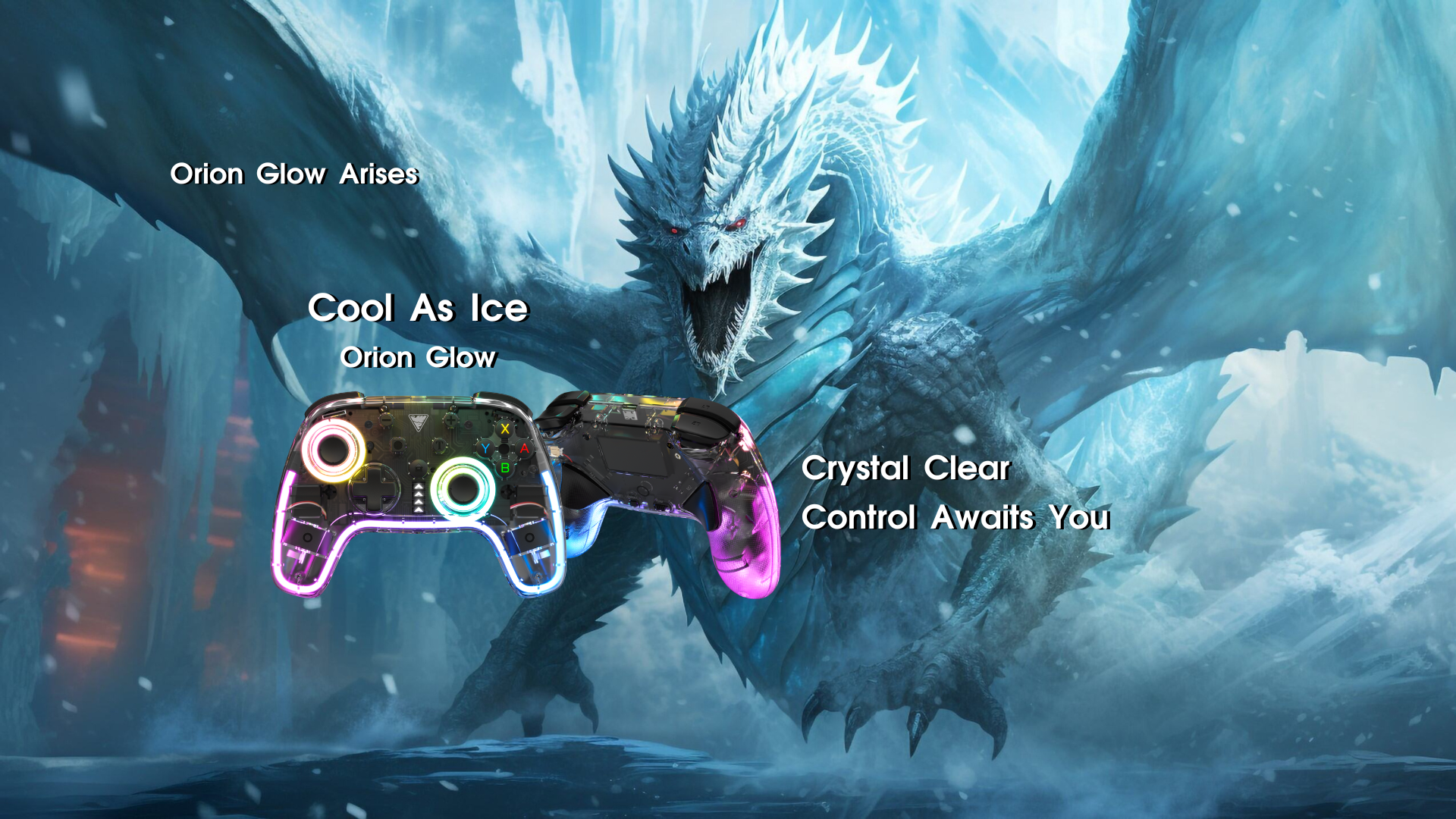 Banner with an ice dragon in the background and the orion glow controller seen from the front and back in the foreground.