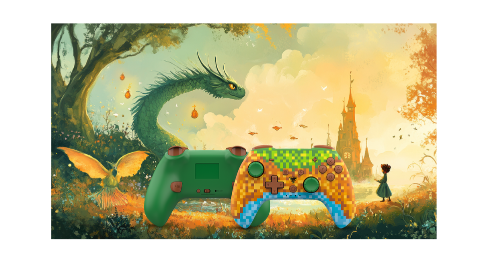 Image of two DragonShock Poptop Cube with a children's cartoon background showing a dragon, a child and a castle. One is from the front and the other from the back.