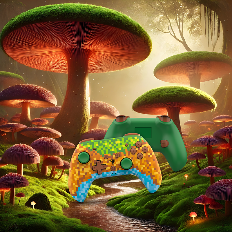 Image of two DragonShock PopTop Cube in a mushroom forest. One is from the front and the other from the back.