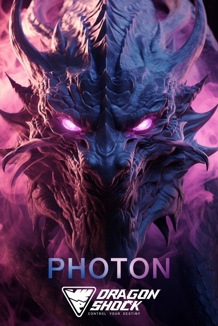 Image showing a purple dragon looking at the camera with the DragonShock logo and controller model in the image