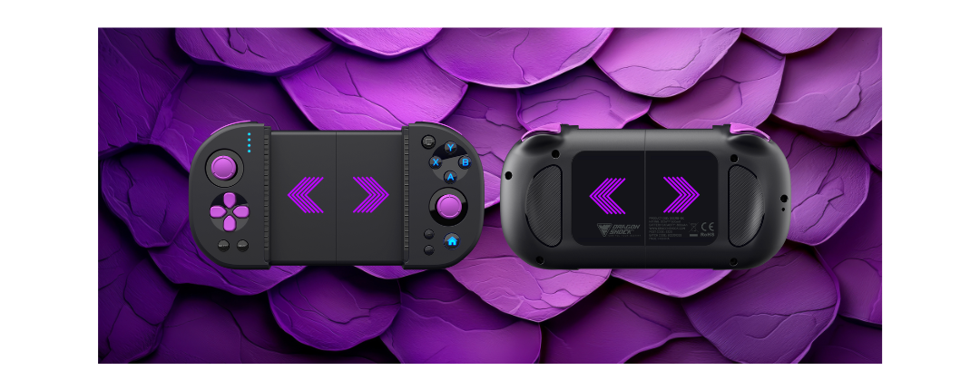 Image of two DragonShock photons with purple dragon skin in the background