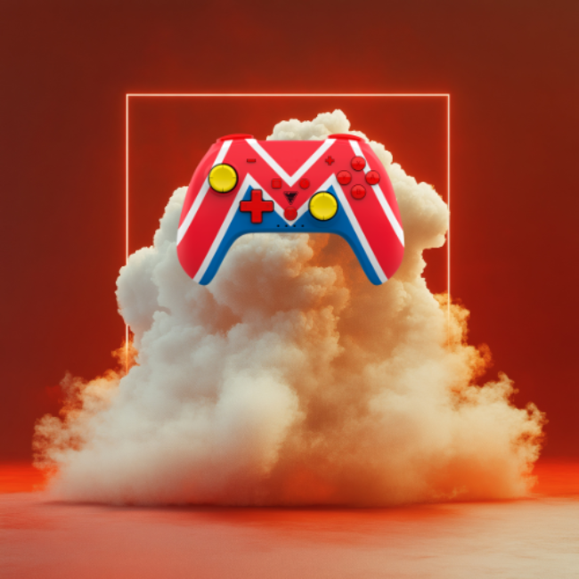 Image of a DragonShock PopTop M Universe in levitation on a red background with a light frame and cloud in front of the frame
