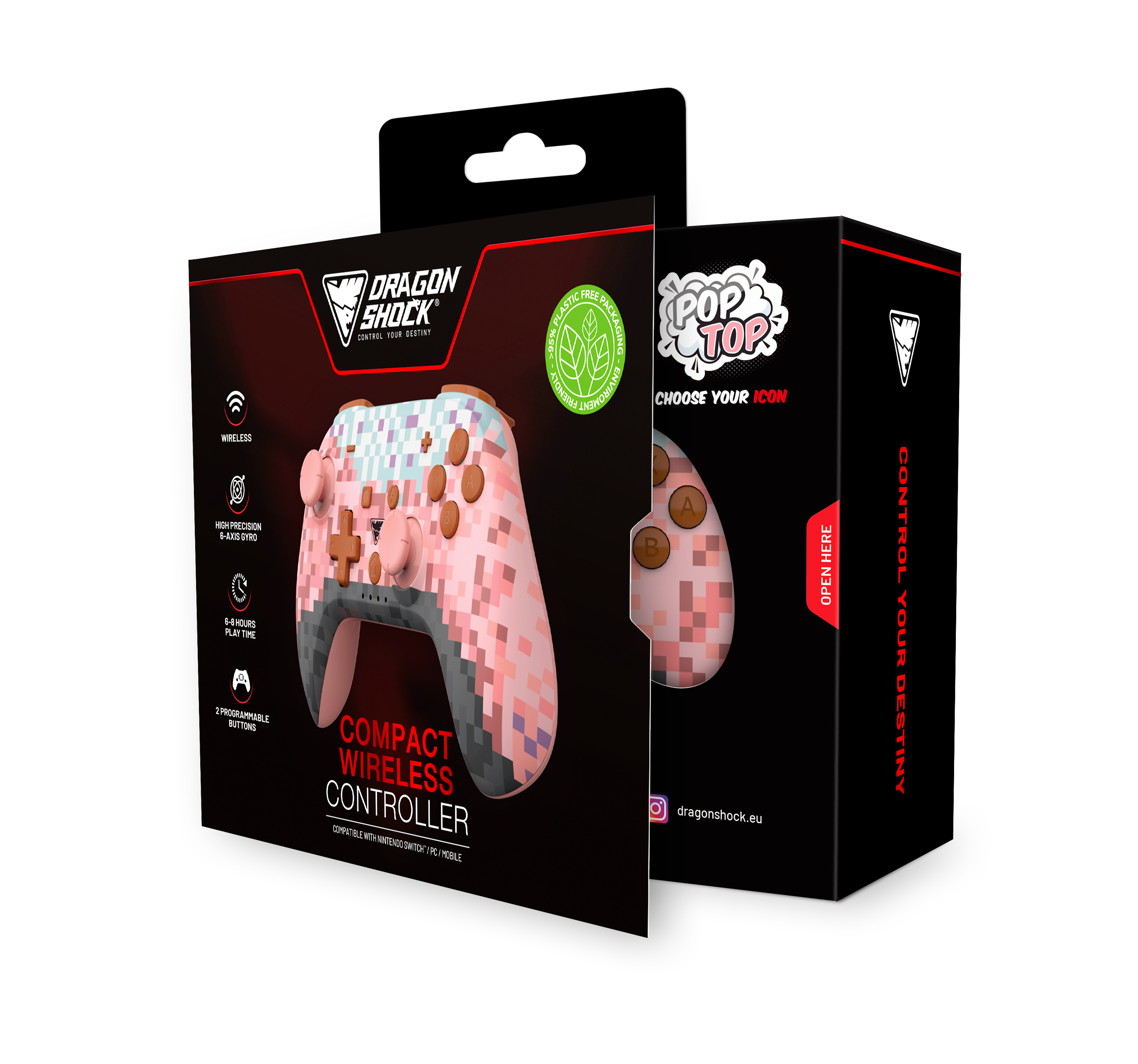 Picture showing the opened ackaging of the DragonShock PopTop pink cube from the front