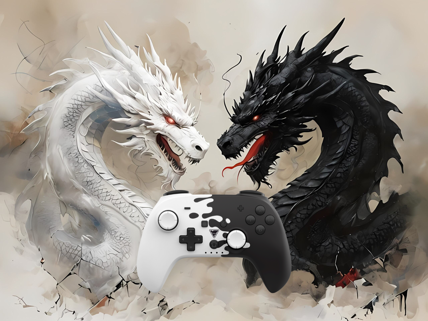 Image showing the black and white poptop in the foreground with black and white dragons in the background.