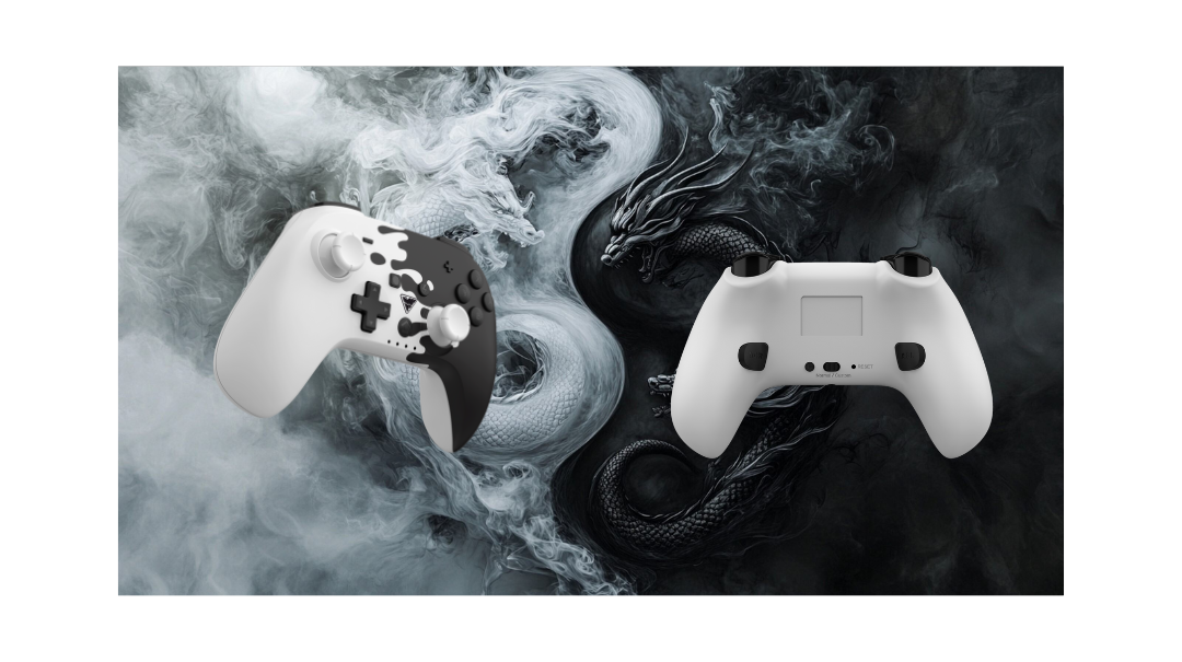 Photo of two DragonShock Poptop black and white with two dragons facing each other in the background, seemingly merging. One controller is from the front and the other from the back.