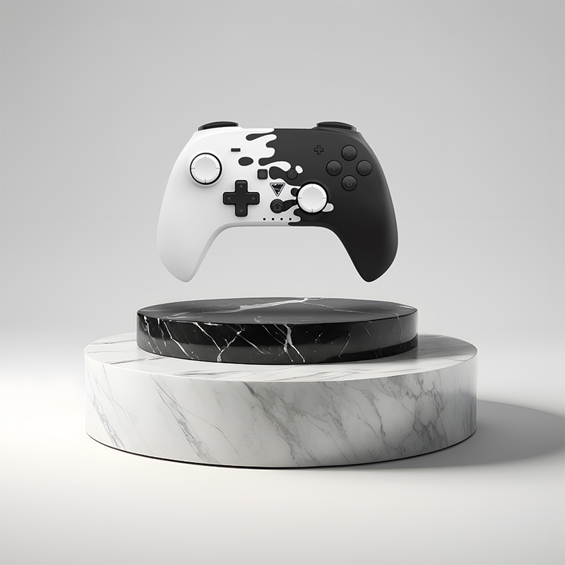 Photo of a DragonShock Poptop black and white in levitation above a marbled platform