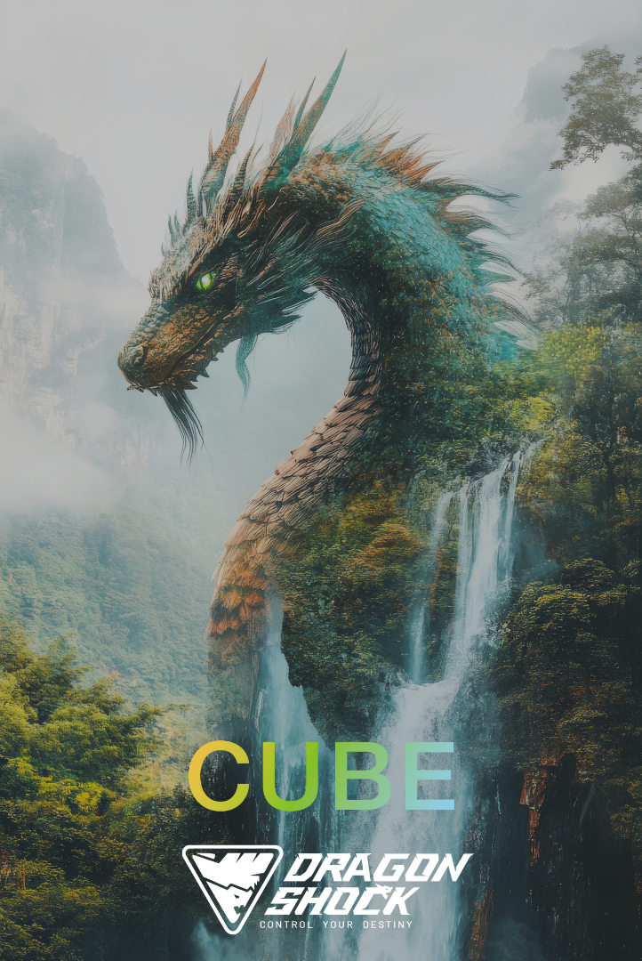 Image showing the DragonShock logo and the controller model with a dragon and waterfall in the background