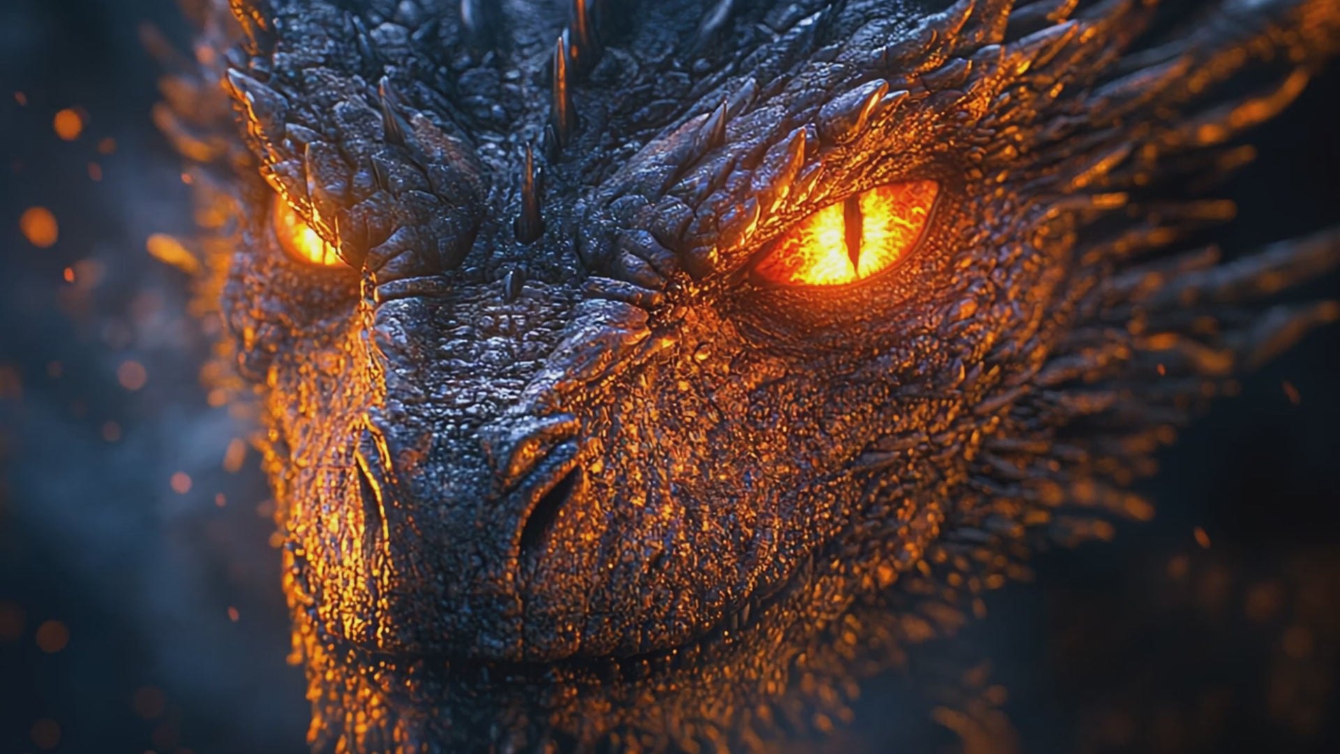 Load video: Video of a dragon close to the camera staring into the lens with red-orange eyes