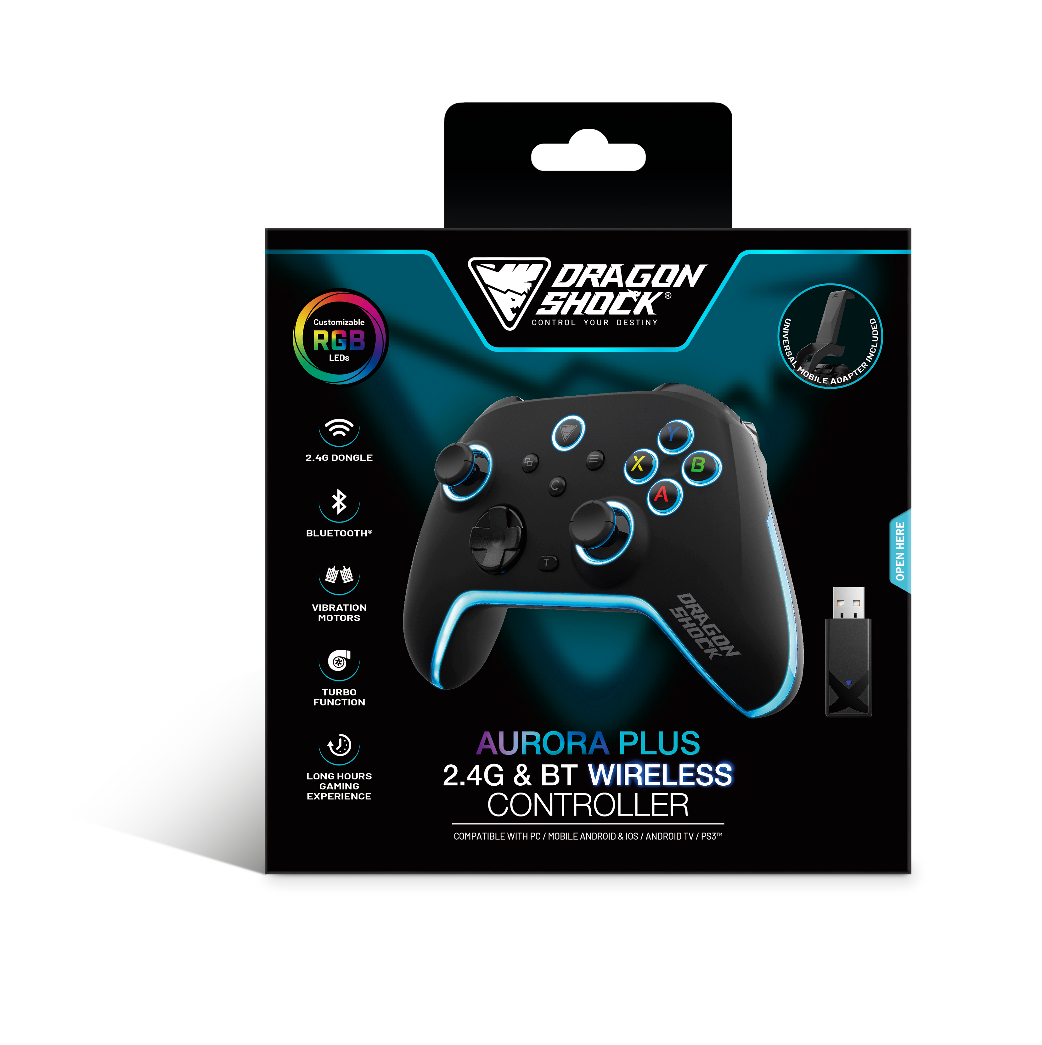 Picture showing the packaging of the DragonShock Aurora plus from the front 