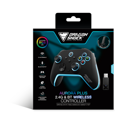Picture showing the packaging of the DragonShock Aurora plus from the front 