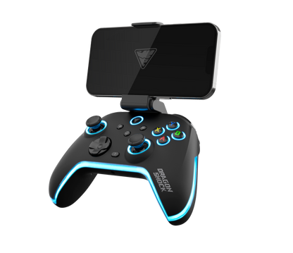 Picture showing the DragonShock Aurora plus from the front side with a phone on the support