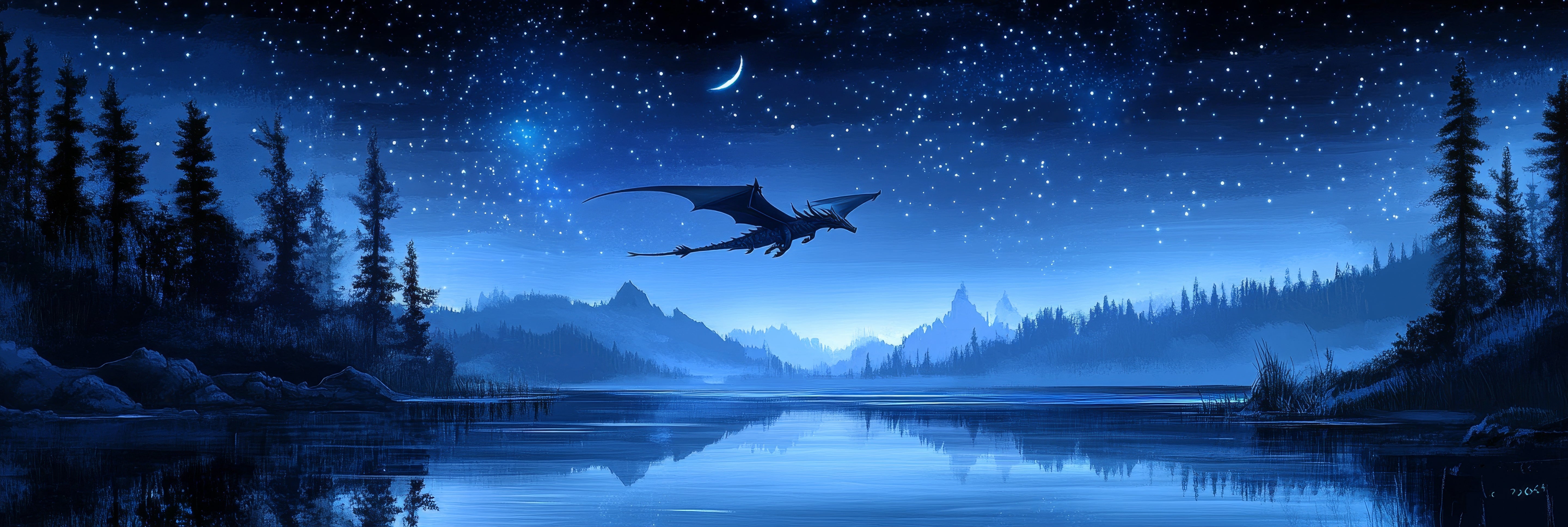 Picture showing a dragon flying in the night sky above a lake