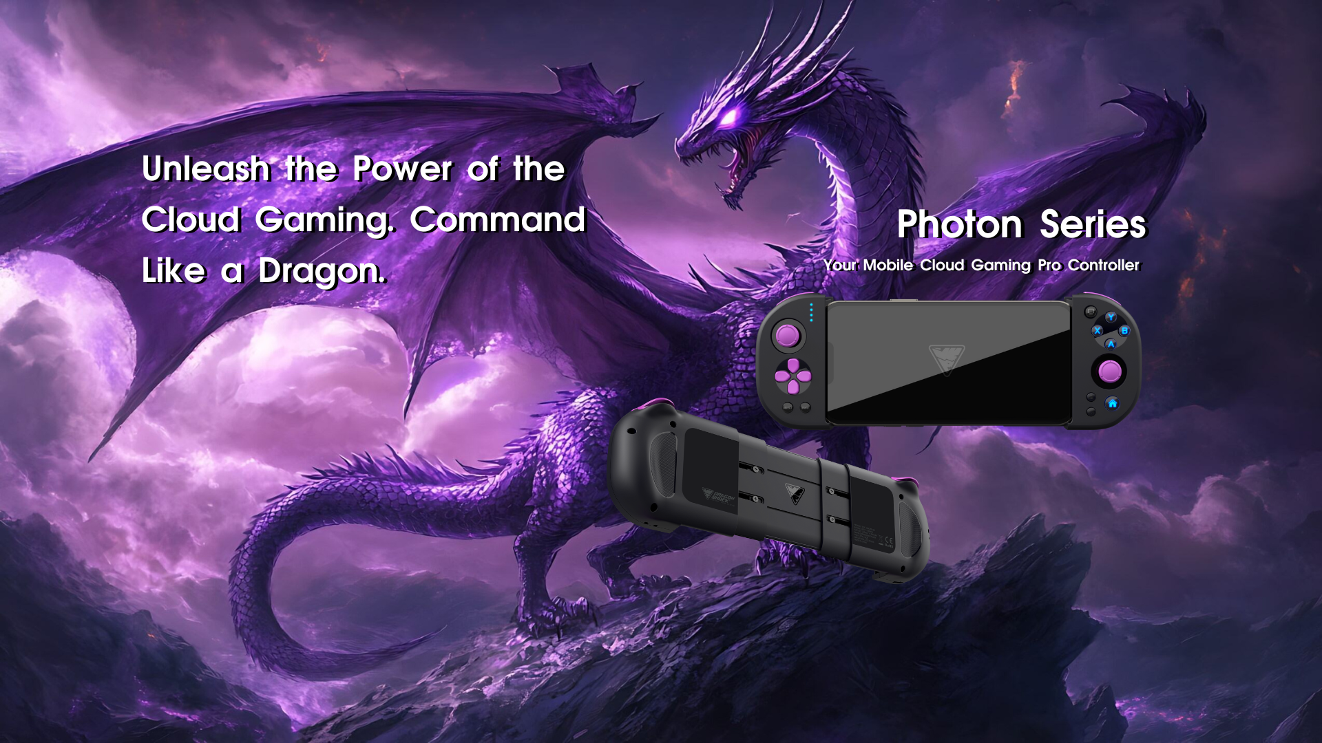 Banner with a dragon in the background and the photon controller seen from the front and back in the foreground.