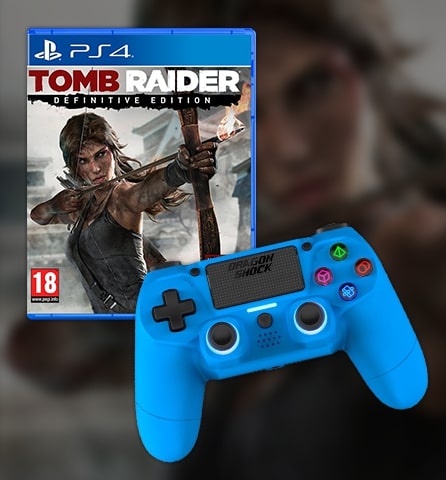 Image showing a bundle with the DragonShock Mizar blue and the Tomb Raider Définitive edition 