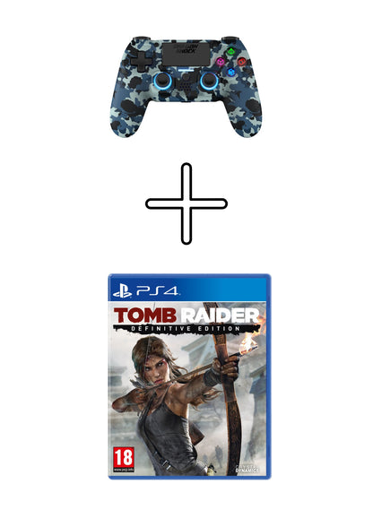Image showing a bundle with the DragonShock Mizar Camo Red and the Tomb Raider Définitive edition on a white background