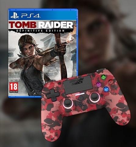 Image showing a bundle with the DragonShock Mizar Camo Red and the Tomb Raider Définitive edition 
