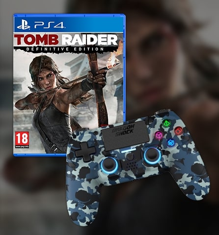 Image showing a bundle with the DragonShock Mizar Camo Blue and the Tomb Raider Définitive edition 