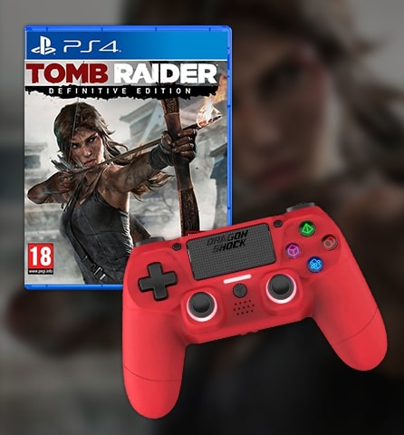 Image showing a bundle with the DragonShock Mizar Red and the Tomb Raider Définitive edition 