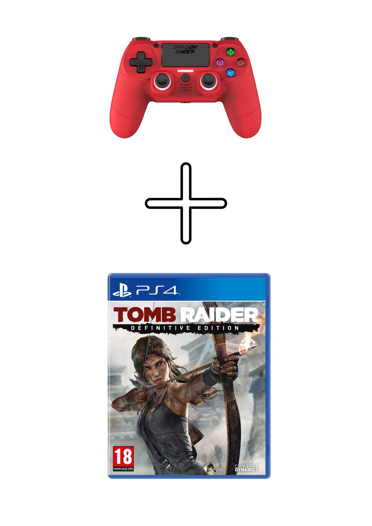 Image showing a bundle with the DragonShock Mizar Red and the Tomb Raider Définitive edition on a white background