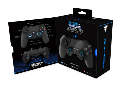 Picture showing the opened packaging of the DragonShock Mizar + black from the front 