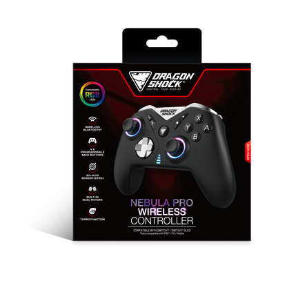 Picture showing the packaging of the  DragonShock Nebula pro black from the front 