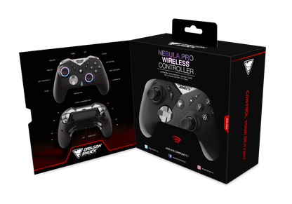 Picture showing the opened packaging of the  DragonShock Nebula pro black from the front 