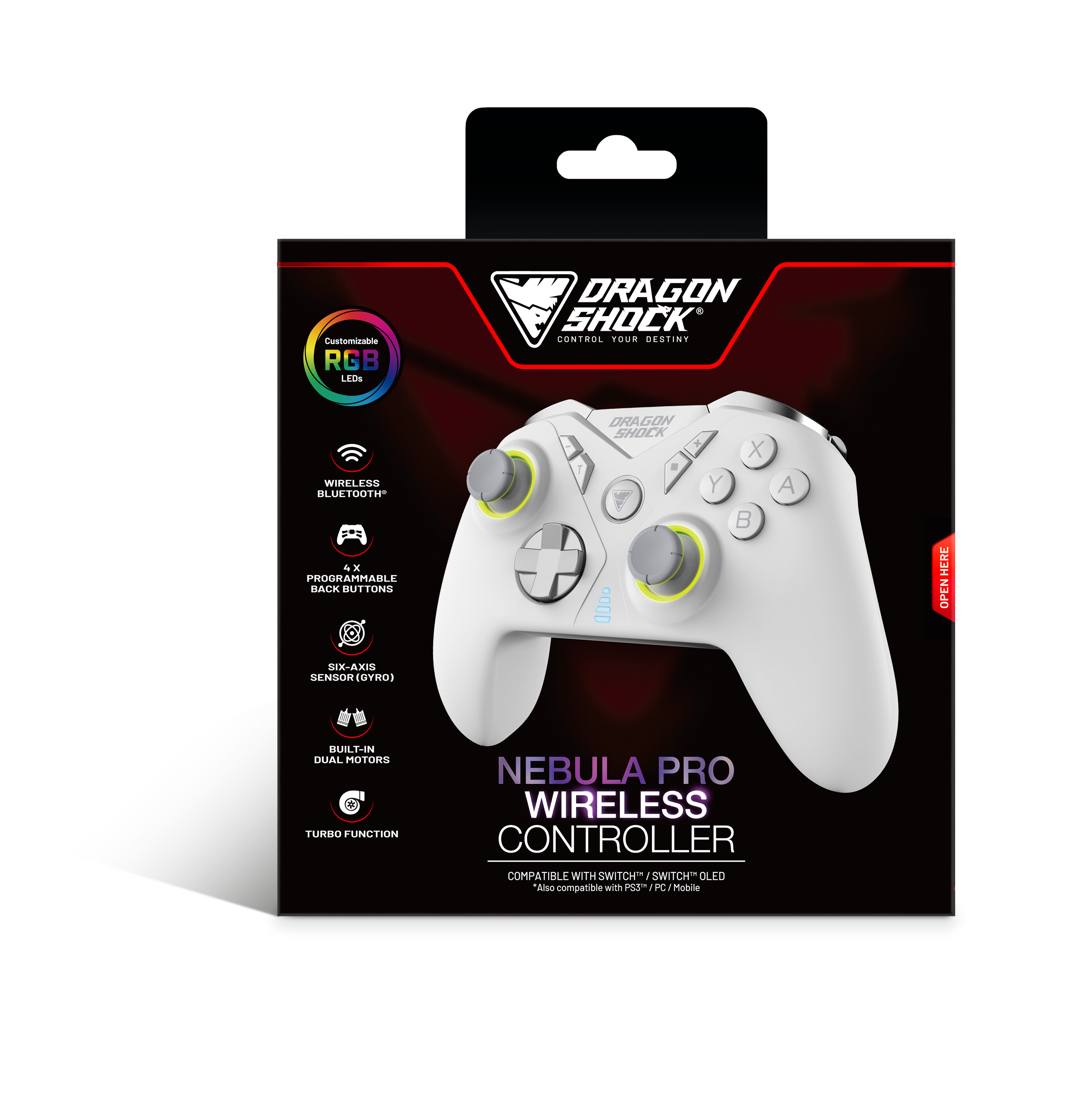 Picture showing the packaging of the  DragonShock Nebula pro white from the front