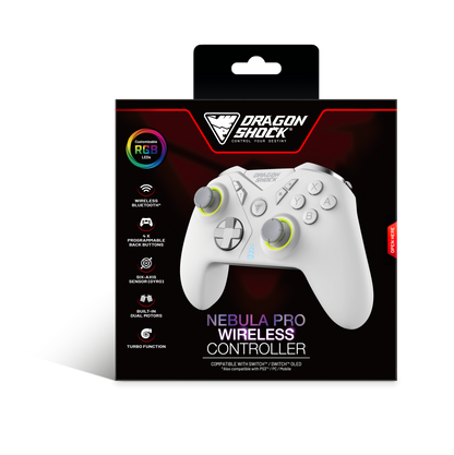 Picture showing the packaging of the  DragonShock Nebula pro white from the front